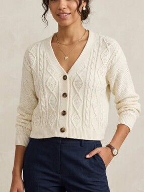 Love & Whimsy Cream Cable Knit Cropped Chic Preppy Old-money Button Cardigan
